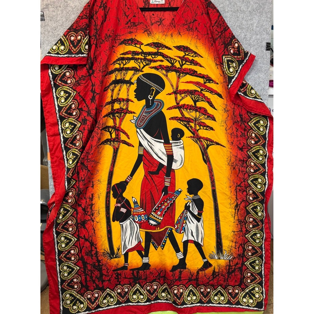 Lapogee African Print Kaftan Dress Red Orange Batik Graphic One Size India
